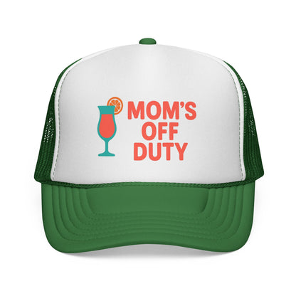 Green Mom's Off Duty Hat, front view of the printed panel