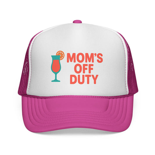 Pink Mom's Off Duty Hat, front view of the printed panel
