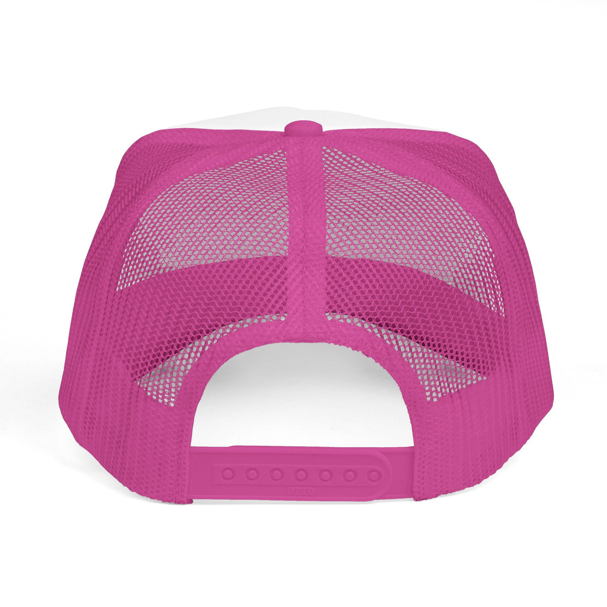 Pink Mom's Off Duty Hat, back view with mesh panels and adjustable snapback