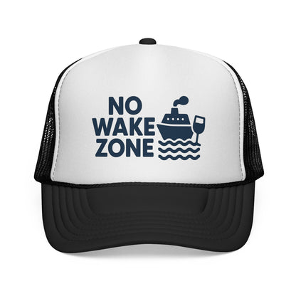 Black No Wake Zone Trucker Hat, front view of the printed panel