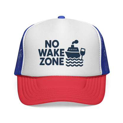 Blue and Red No Wake Zone Trucker Hat, front view of the printed panel