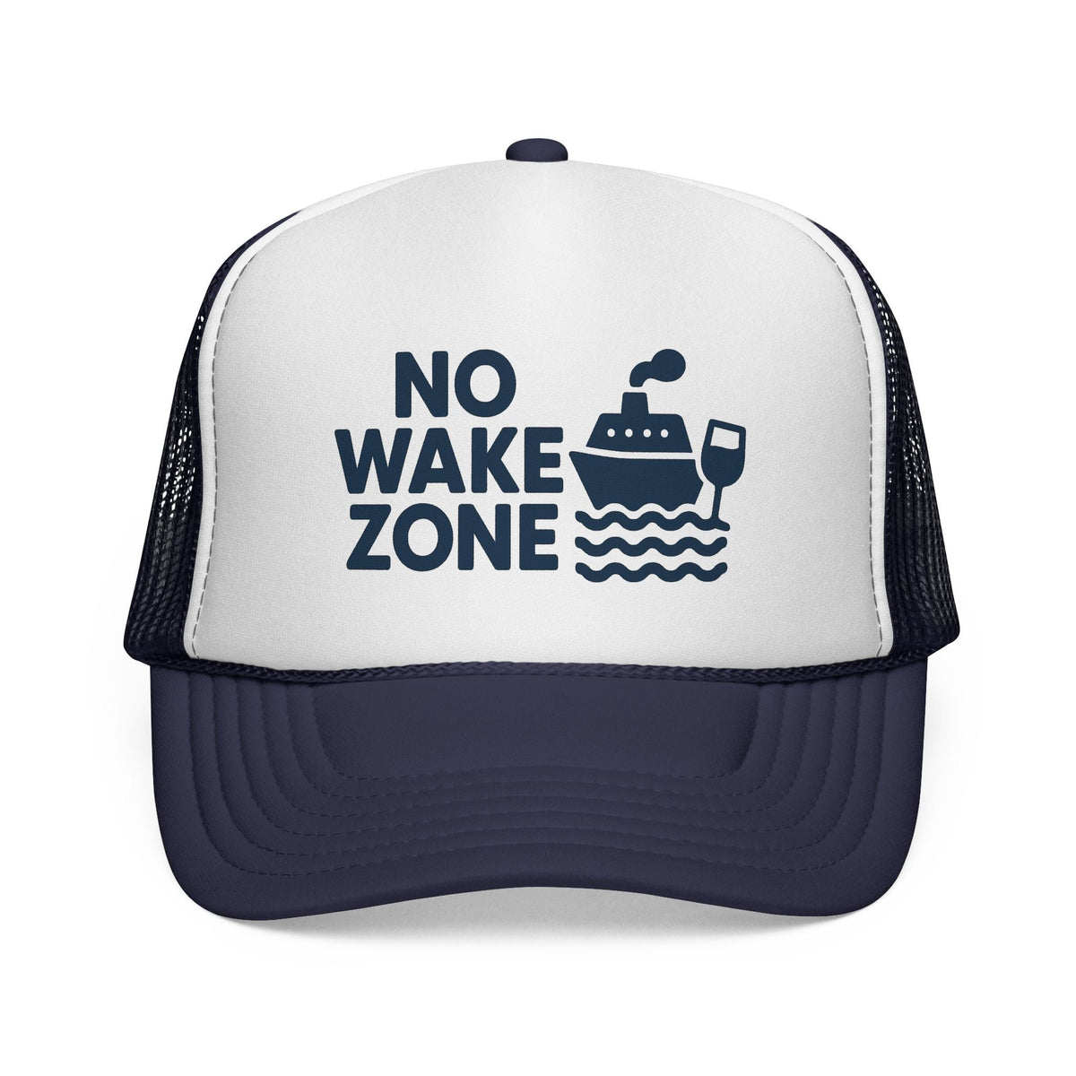 Dark Navy No Wake Zone Trucker Hat, front view of the printed panel