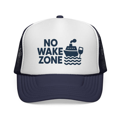 Dark Navy No Wake Zone Trucker Hat, front view of the printed panel