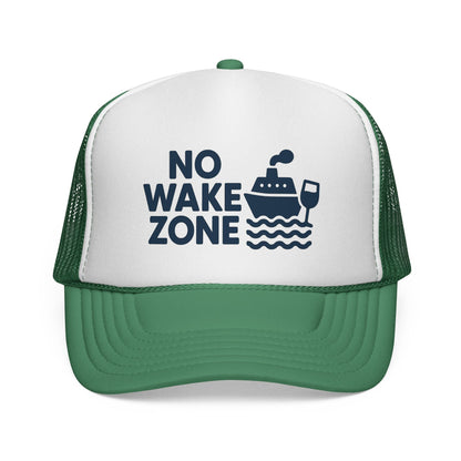 Green No Wake Zone Trucker Hat, front view of the printed panel