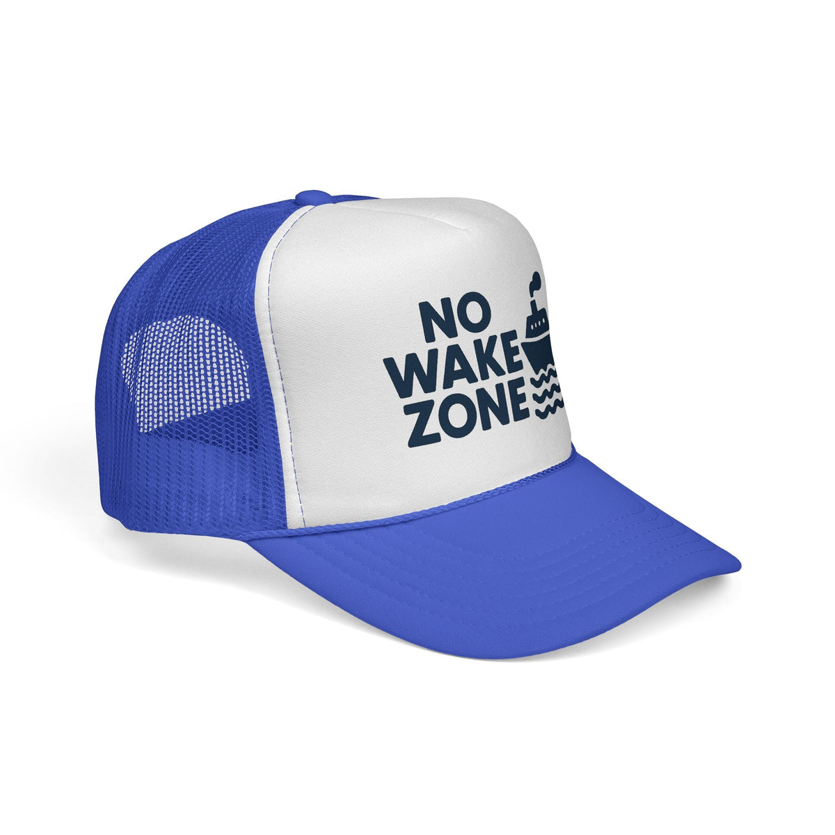 Royal No Wake Zone Trucker Hat, side view showing the curved brim
