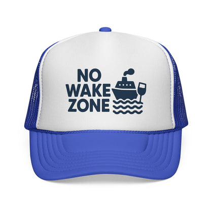 Royal No Wake Zone Trucker Hat, front view of the printed panel
