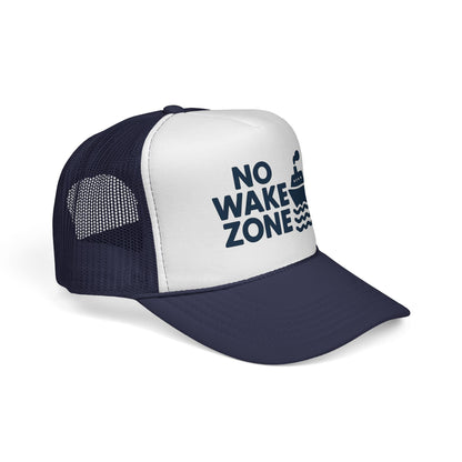 Dark Navy No Wake Zone Trucker Hat, side view showing the curved brim