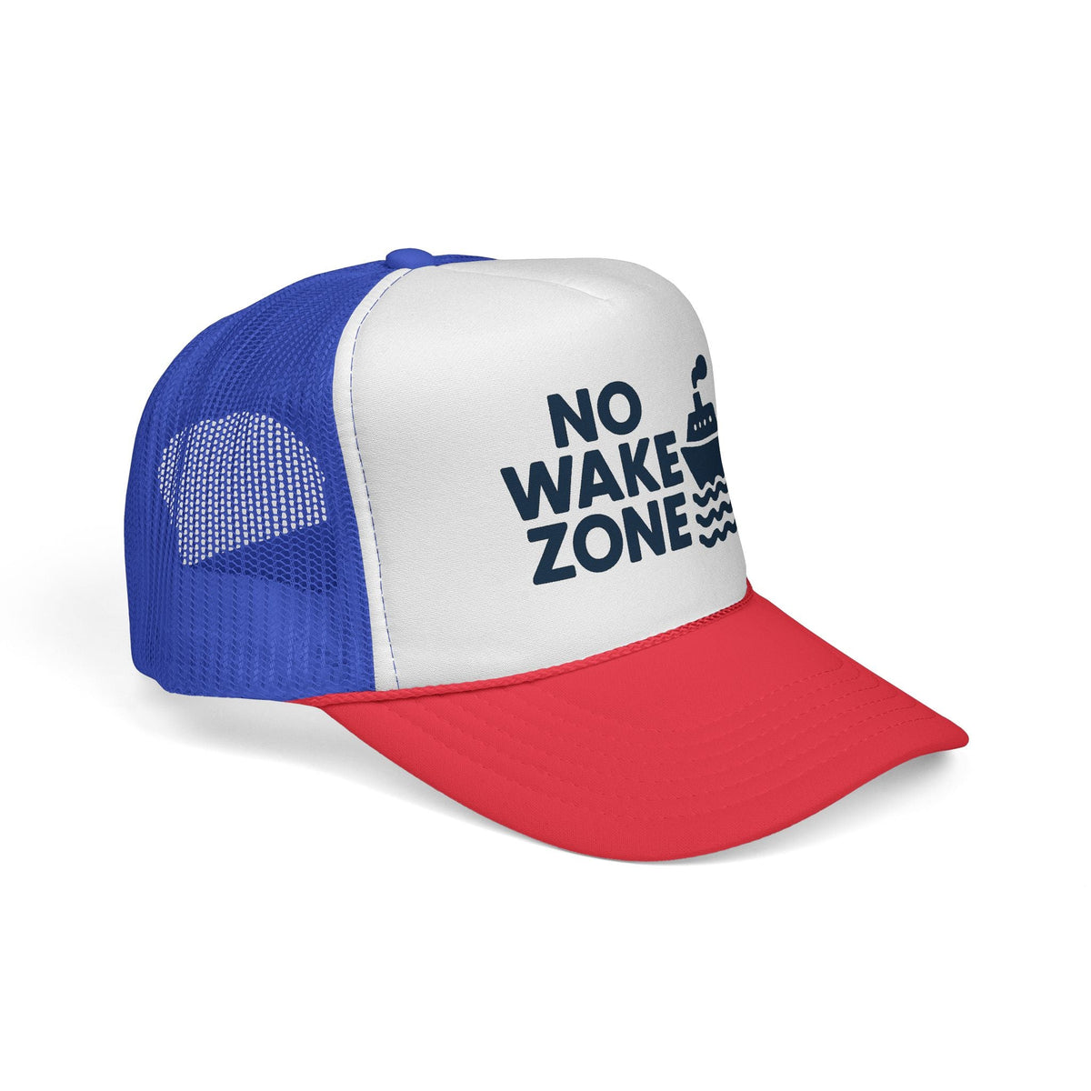 Blue and Red No Wake Zone Trucker Hat, side view showing the curved brim