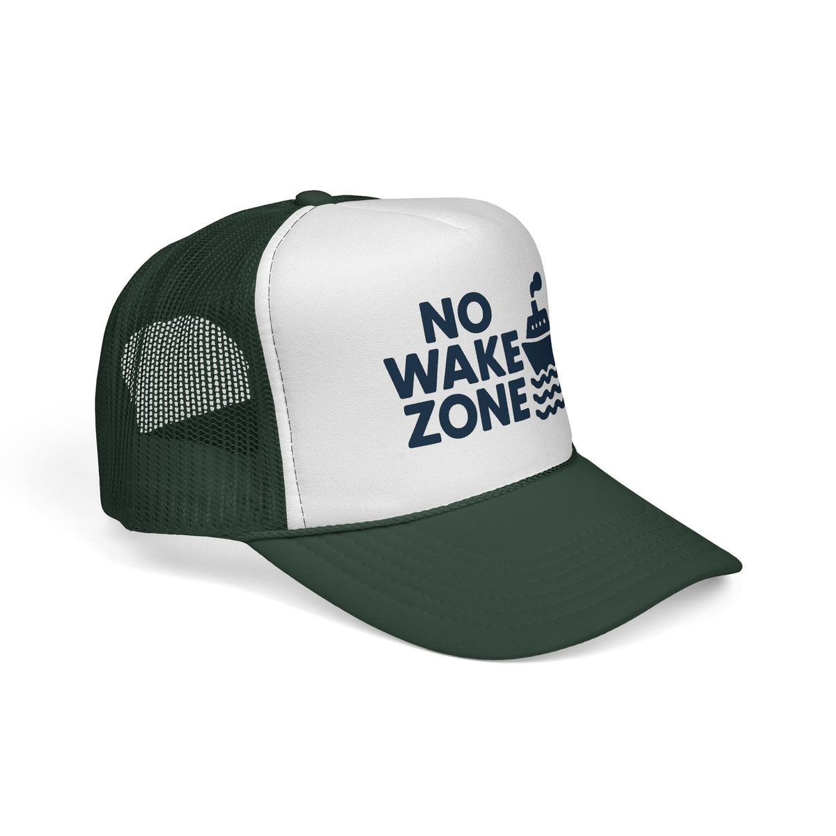 Dark Green No Wake Zone Trucker Hat, side view showing the curved brim
