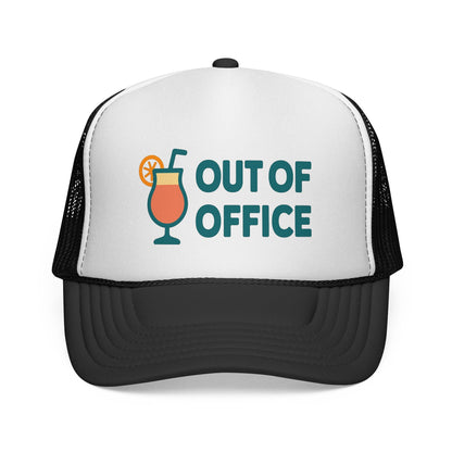 Black Out of Office Trucker Hat, front view of the printed panel