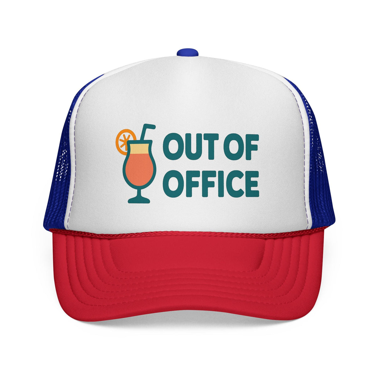 Blue and Red Out of Office Trucker Hat, front view of the printed panel