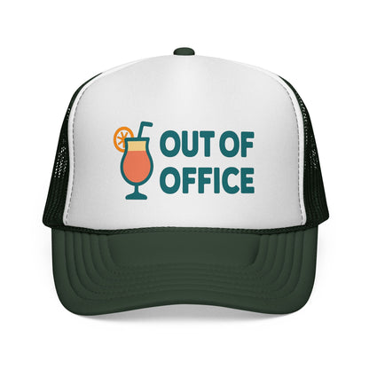 Dark Green Out of Office Trucker Hat, front view of the printed panel