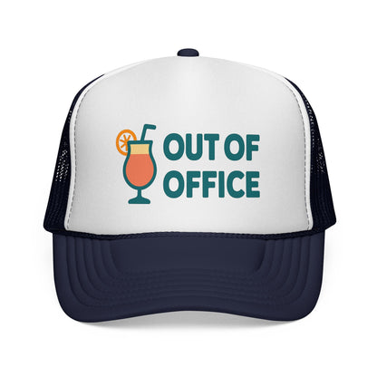 Dark Navy Out of Office Trucker Hat, front view of the printed panel