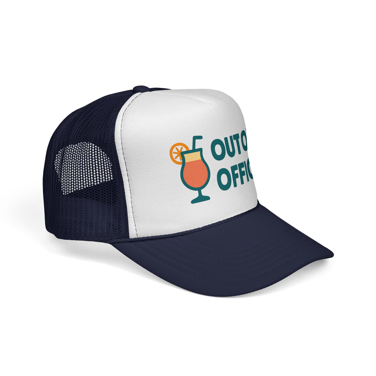Dark Navy Out of Office Trucker Hat, side view showing the curved brim
