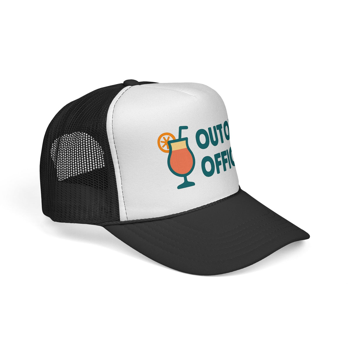 Black Out of Office Trucker Hat, side view showing the curved brim