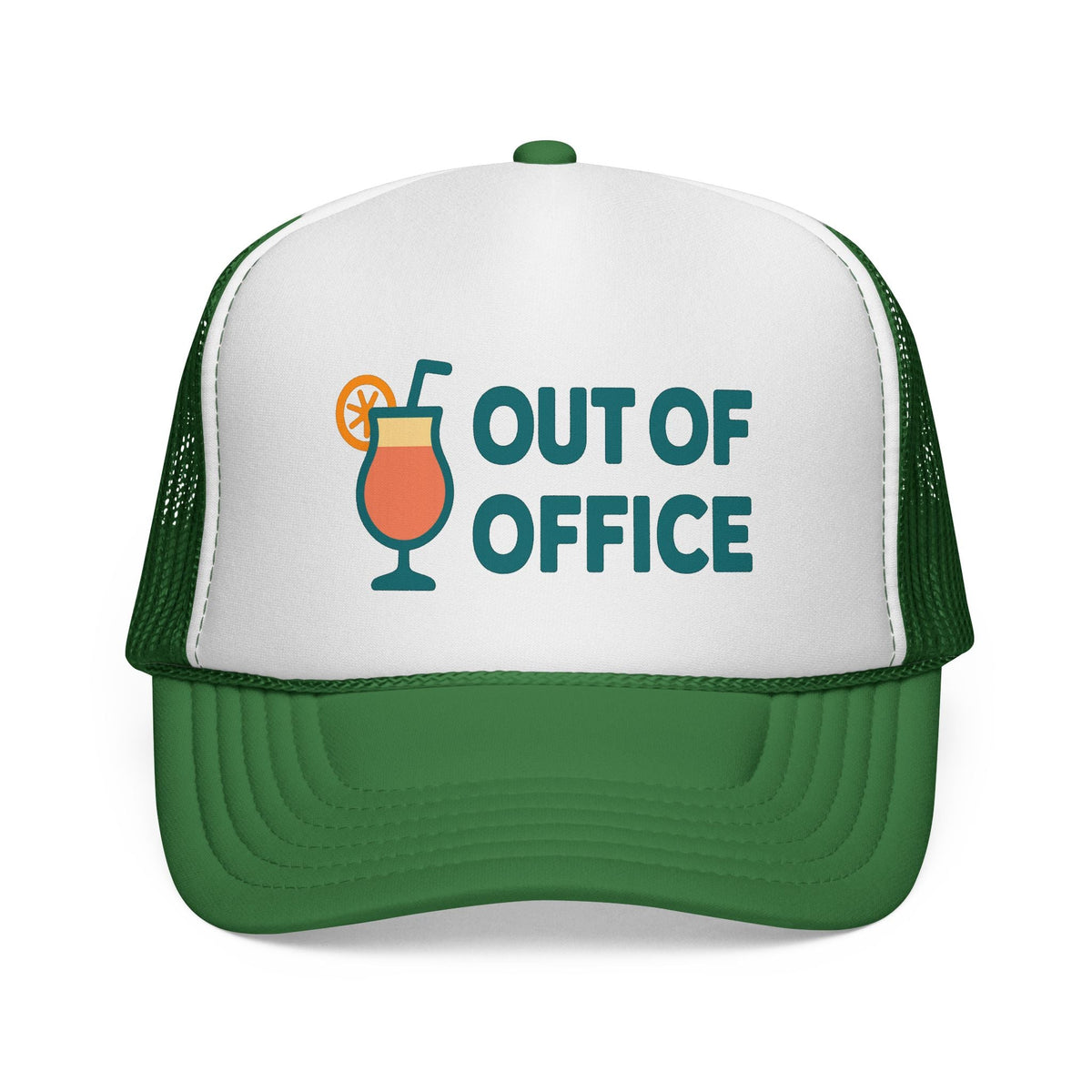 Green Out of Office Trucker Hat, front view of the printed panel