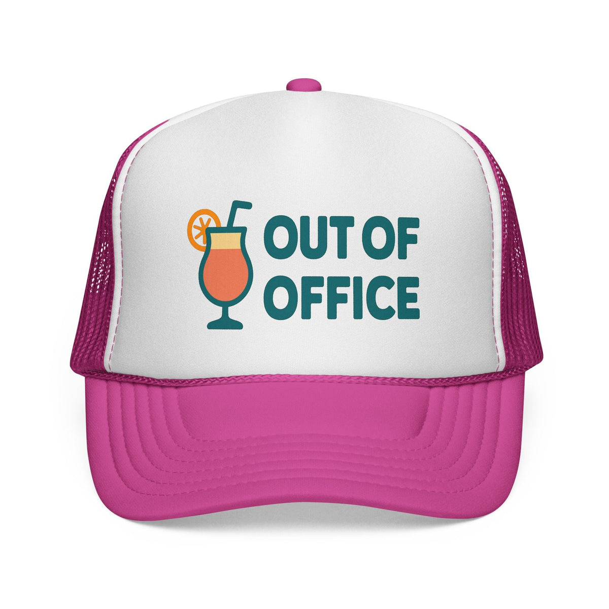 Pink Out of Office Trucker Hat, front view of the printed panel