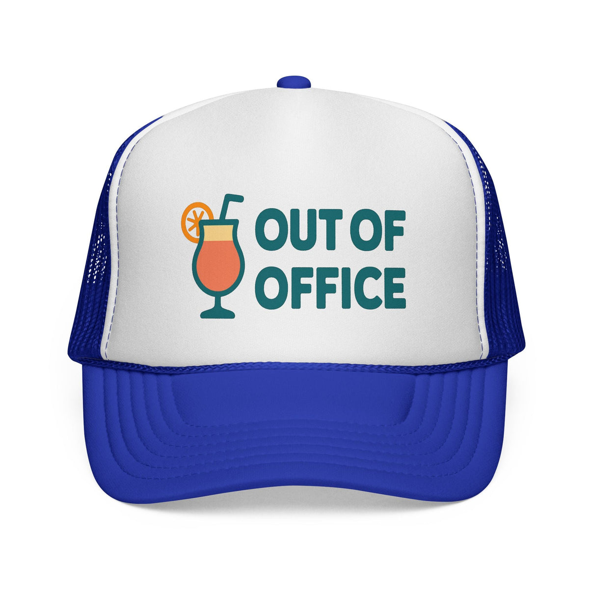 Royal Out of Office Trucker Hat, front view of the printed panel