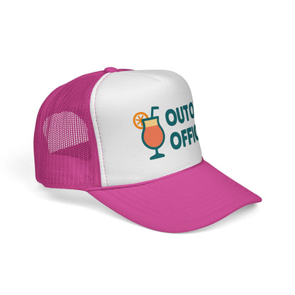 Pink Out of Office Trucker Hat, side view showing the curved brim