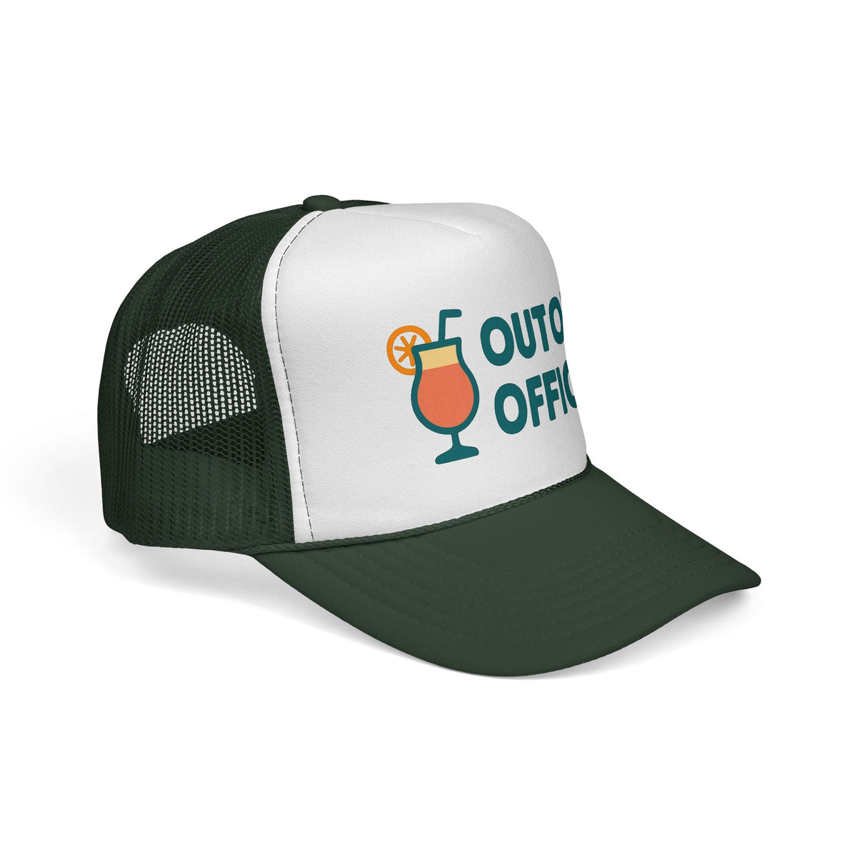 Dark Green Out of Office Trucker Hat, side view showing the curved brim