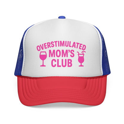 Blue and Red Overstimulated Moms Club Hat, front view of the printed panel