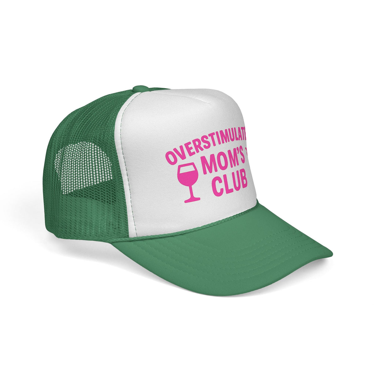 Green Overstimulated Moms Club Hat, side view showing the curved brim
