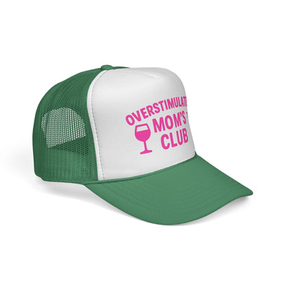 Green Overstimulated Moms Club Hat, side view showing the curved brim
