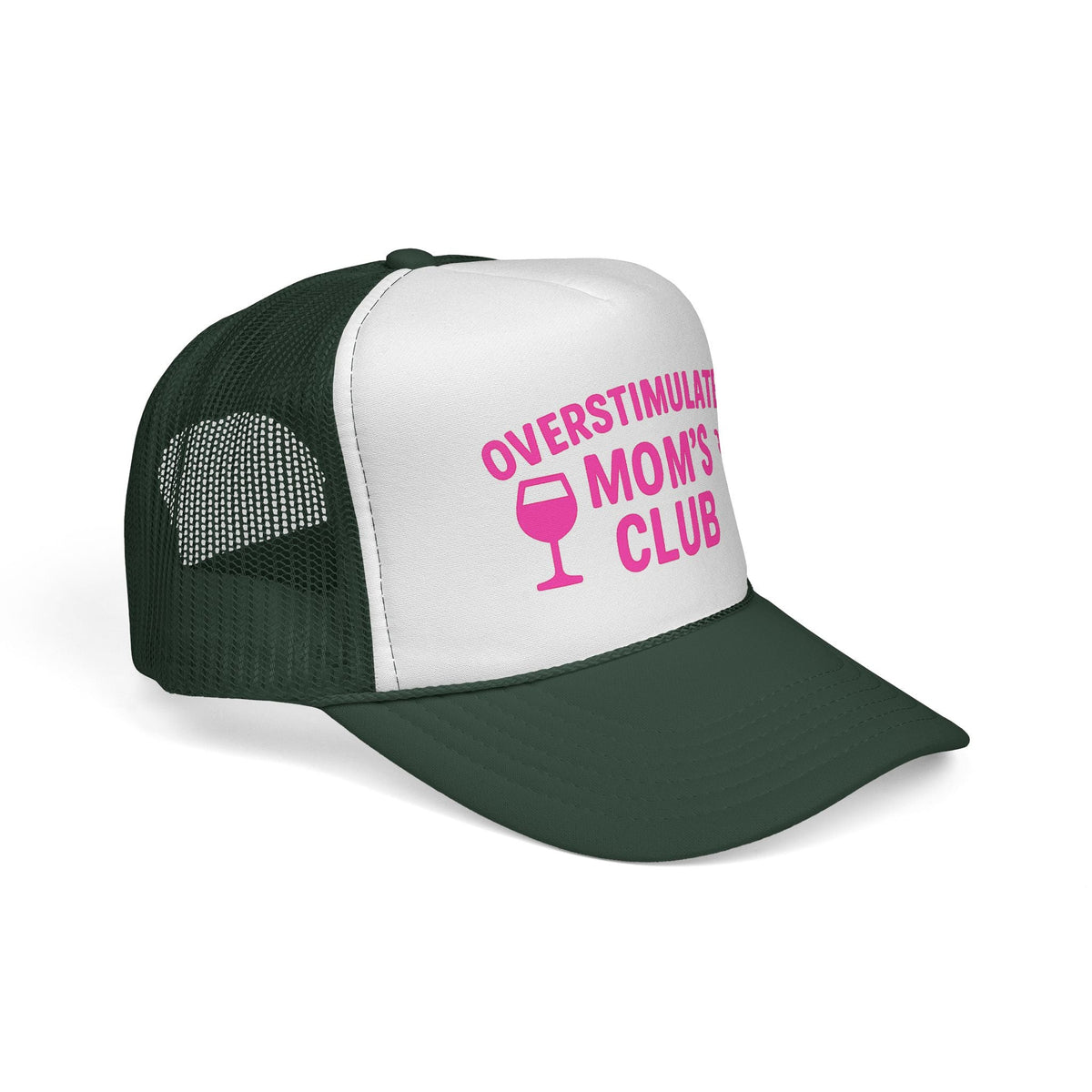 Dark Green Overstimulated Moms Club Hat, side view showing the curved brim