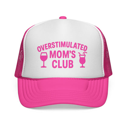 Pink Overstimulated Moms Club Hat, front view of the printed panel