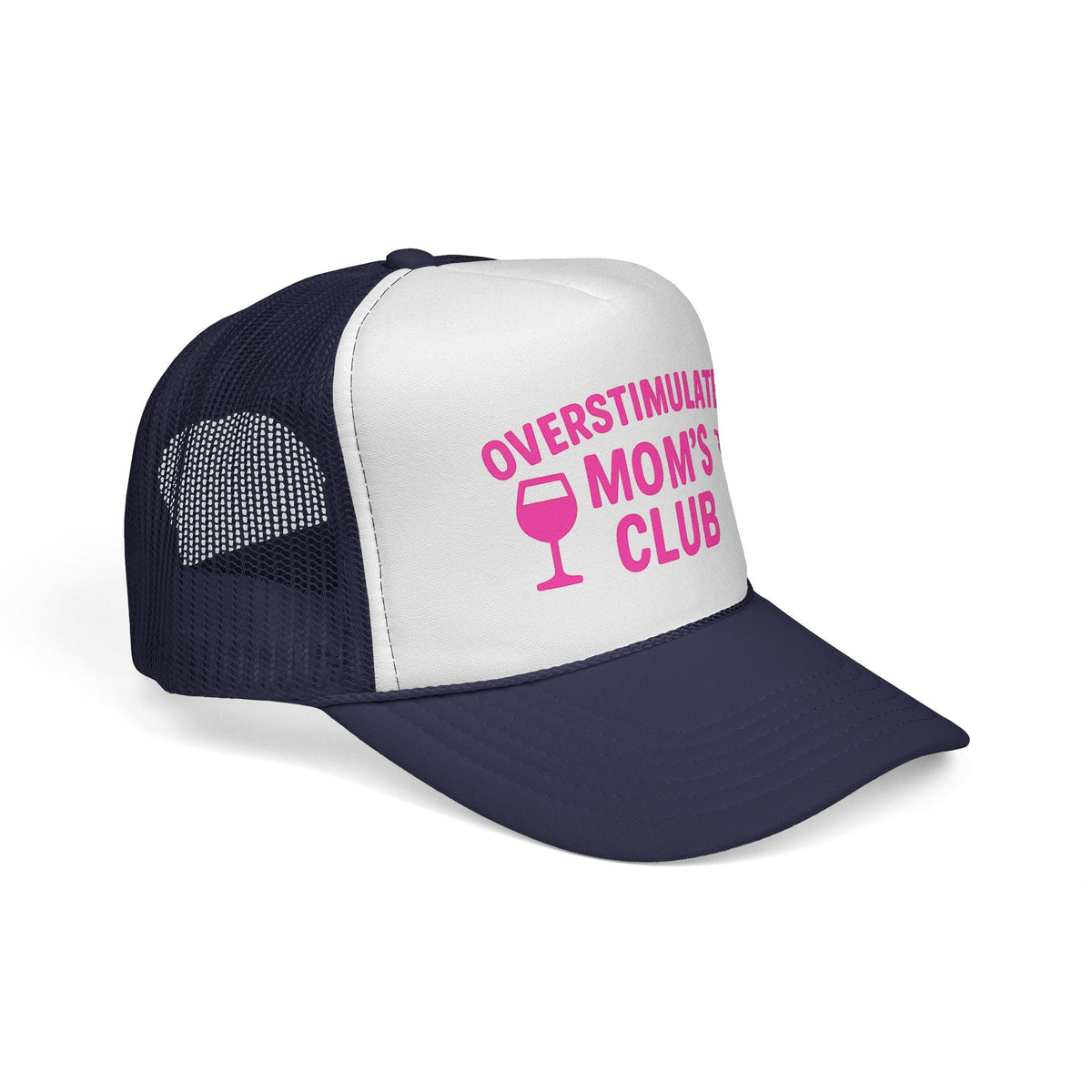 Dark Navy Overstimulated Moms Club Hat, side view showing the curved brim