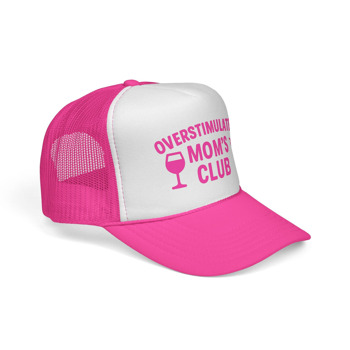 Pink Overstimulated Moms Club Hat, side view showing the curved brim