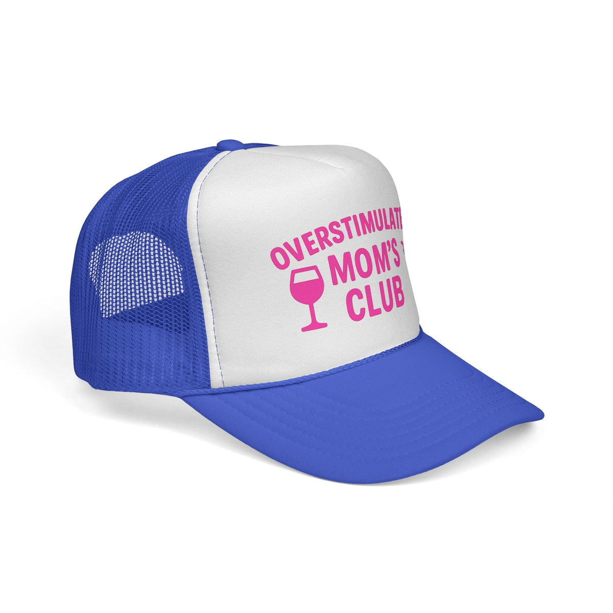 Royal Overstimulated Moms Club Hat, side view showing the curved brim
