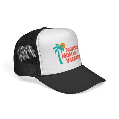 Black Professional Mom on Vacation Trucker Hat, side view showing the curved brim