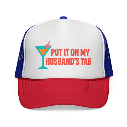 Blue and Red Put It on My Husband's Tab Trucker Hat, front view of the printed panel