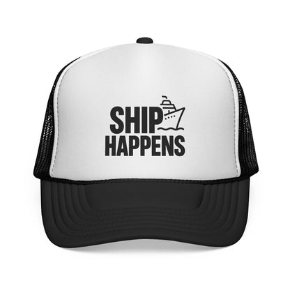 Black Ship Happens Trucker Hat, front view of the printed panel
