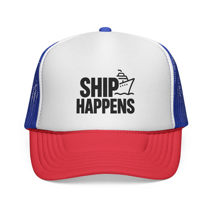Blue and Red Ship Happens Trucker Hat, front view of the printed panel