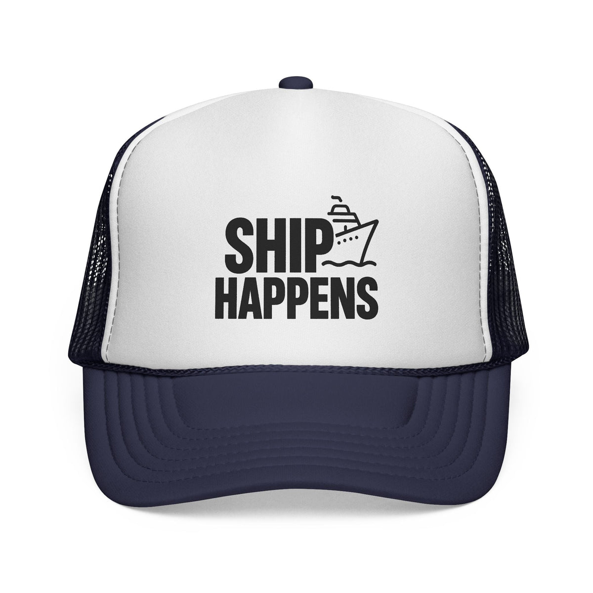 Dark Navy Ship Happens Trucker Hat, front view of the printed panel