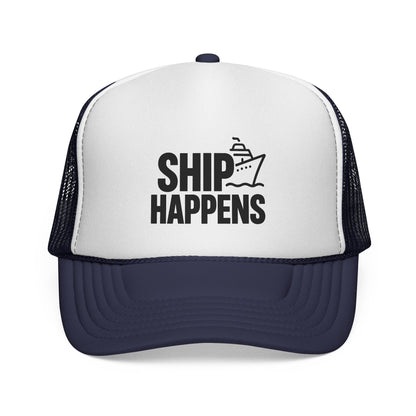 Dark Navy Ship Happens Trucker Hat, front view of the printed panel