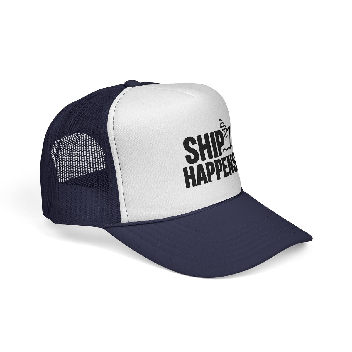 Dark Navy Ship Happens Trucker Hat, side view showing the curved brim