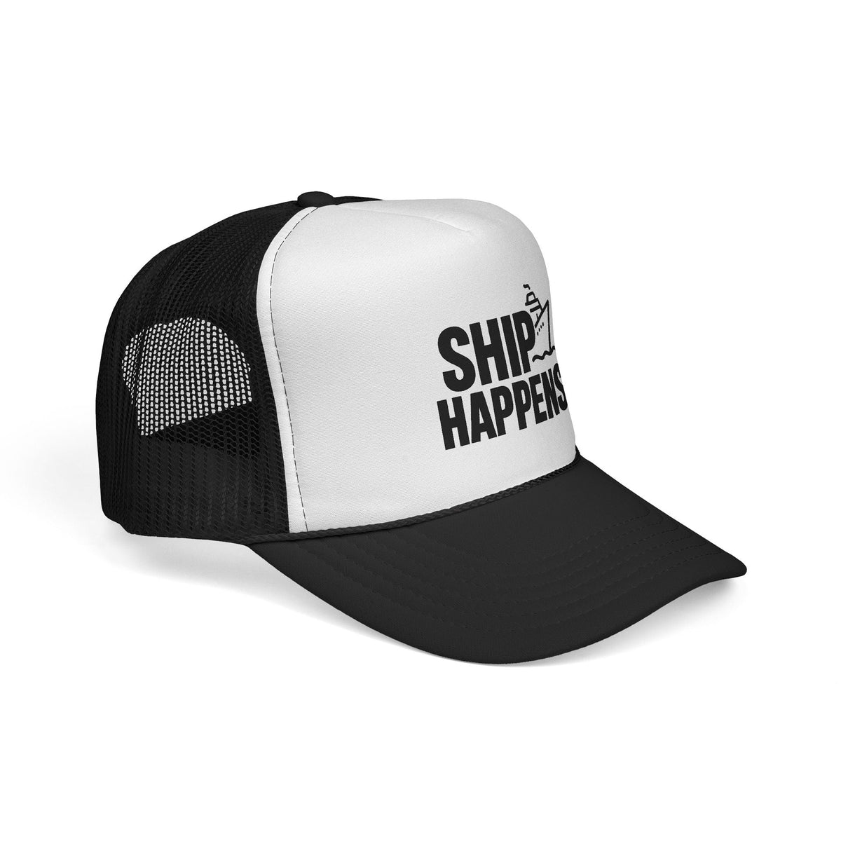 Black Ship Happens Trucker Hat, side view showing the curved brim