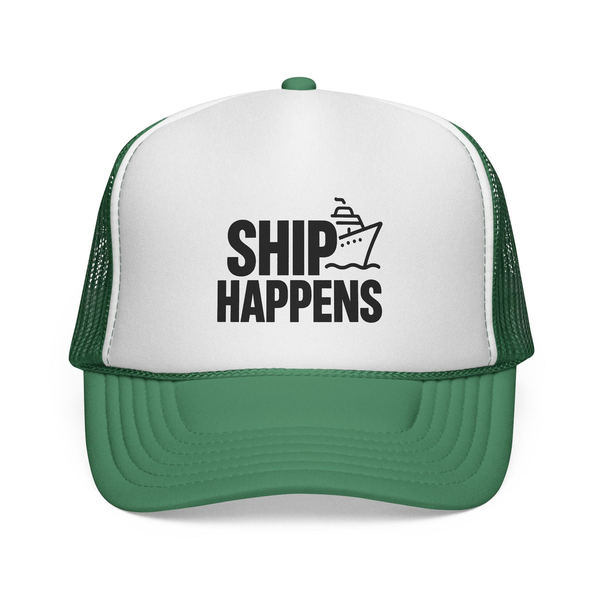 Green Ship Happens Trucker Hat, front view of the printed panel