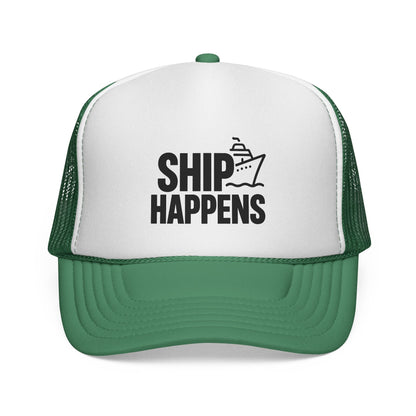 Green Ship Happens Trucker Hat, front view of the printed panel
