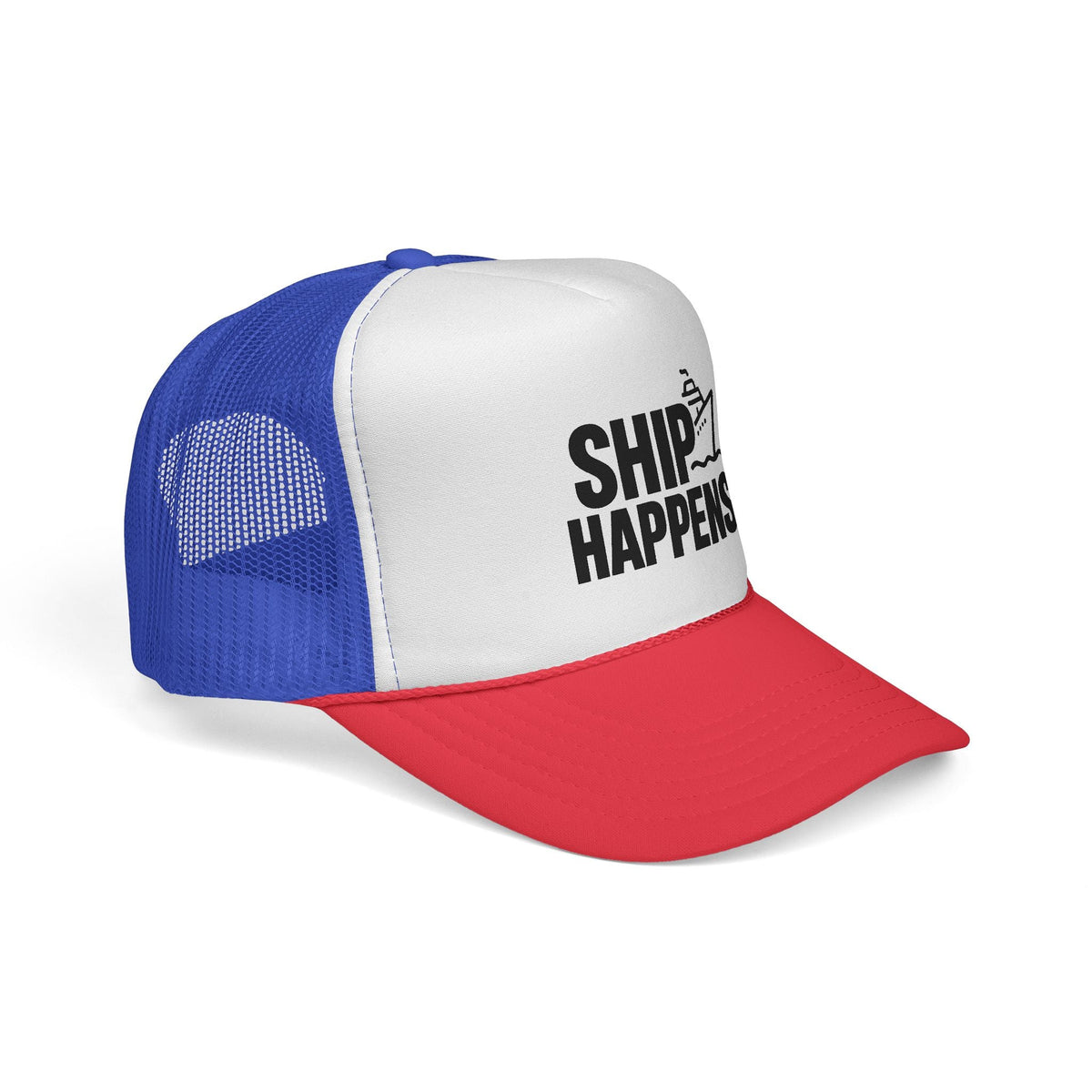 Blue and Red Ship Happens Trucker Hat, side view showing the curved brim