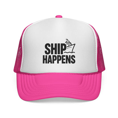 Pink Ship Happens Trucker Hat, front view of the printed panel