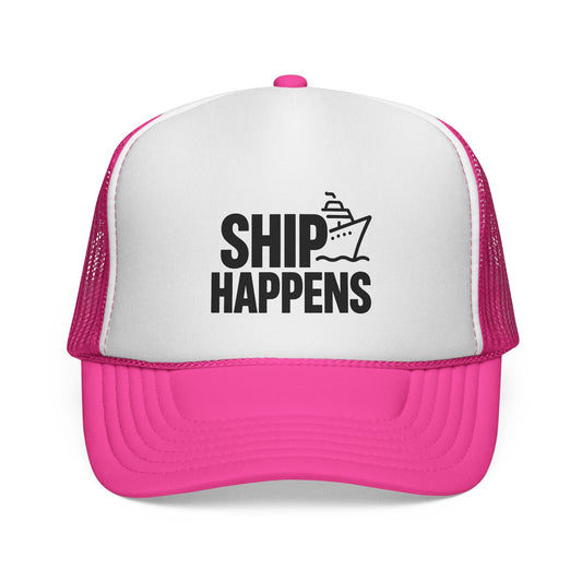 Pink Ship Happens Trucker Hat, front view of the printed panel