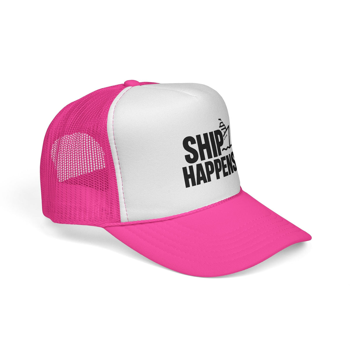 Pink Ship Happens Trucker Hat, side view showing the curved brim