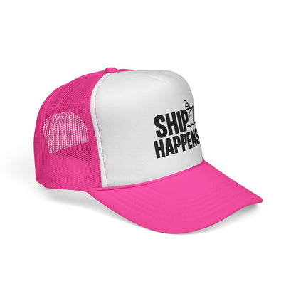 Pink Ship Happens Trucker Hat, side view showing the curved brim