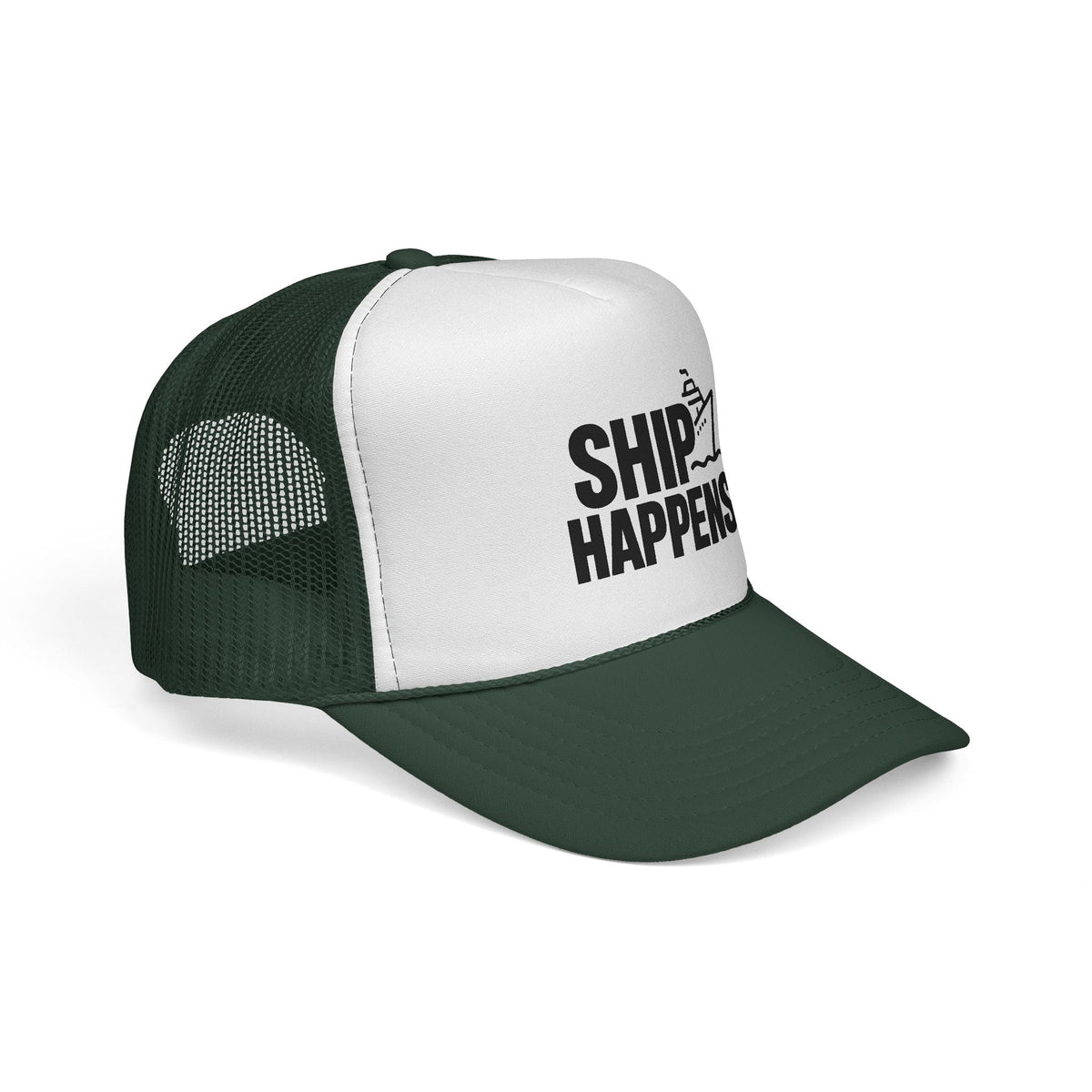 Dark Green Ship Happens Trucker Hat, side view showing the curved brim