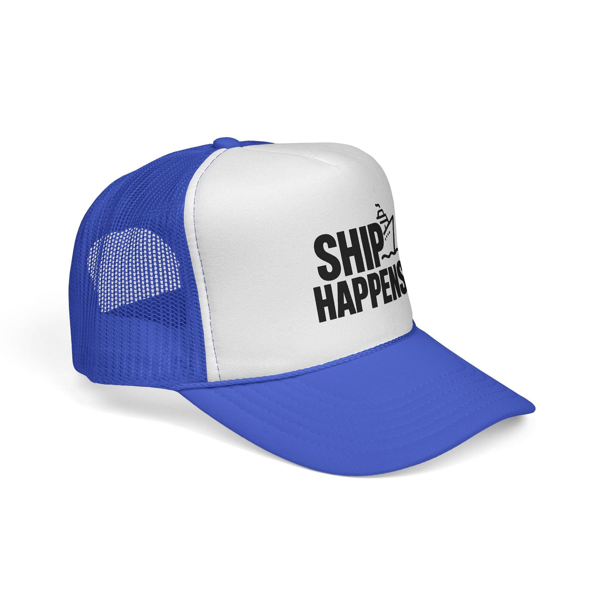 Royal Ship Happens Trucker Hat, side view showing the curved brim