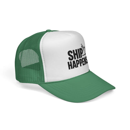 Green Ship Happens Trucker Hat, side view showing the curved brim